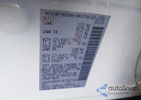 2015 Nissan Rogue Sv z USA, uszkodzony, nr VIN 5N1AT2MV2FC879744